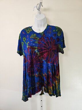 Sacred Threads Tee Shirt Blue Die Dye Hippie Festival OS